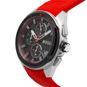 Left angled view of Hugo Boss Volane 1513959 showing black dial detail and red rubber strap water resistant 50m