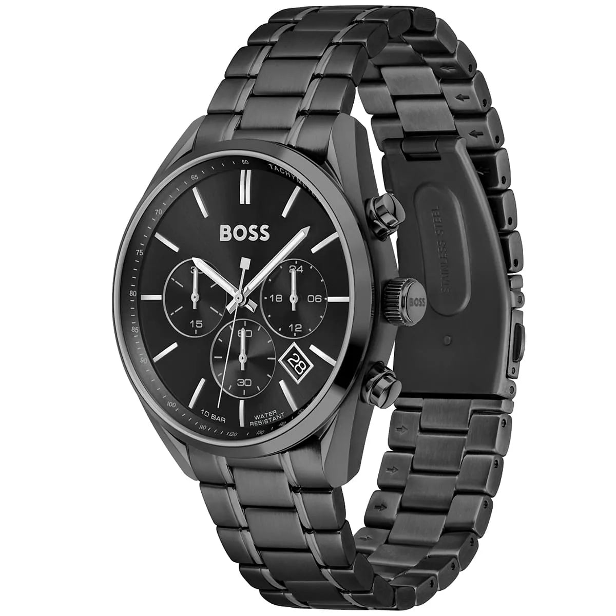 Left angled view of Hugo Boss Champion 1513960 showing black dial detail and black link bracelet water resistant 100m