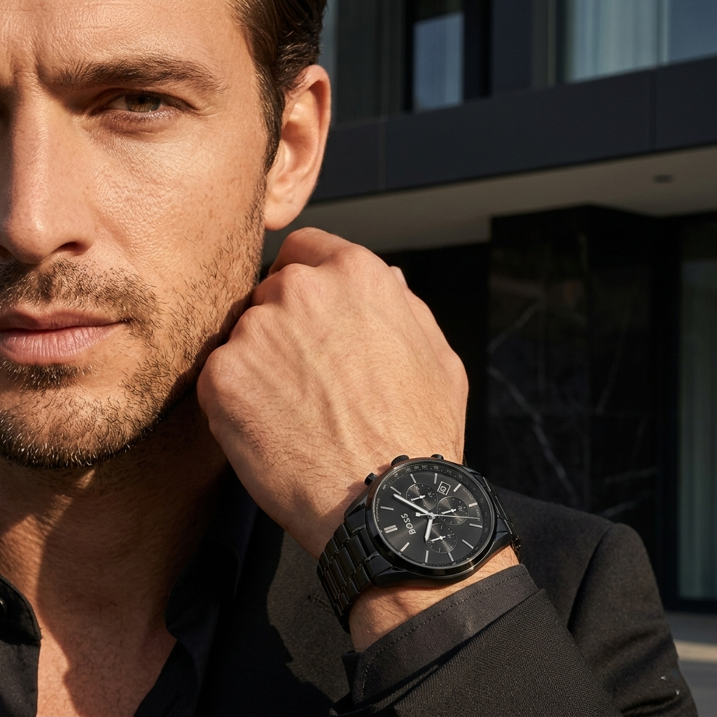 Professional man wearing Hugo Boss Champion 1513960 with black dial and black metal strap water resistant 100m