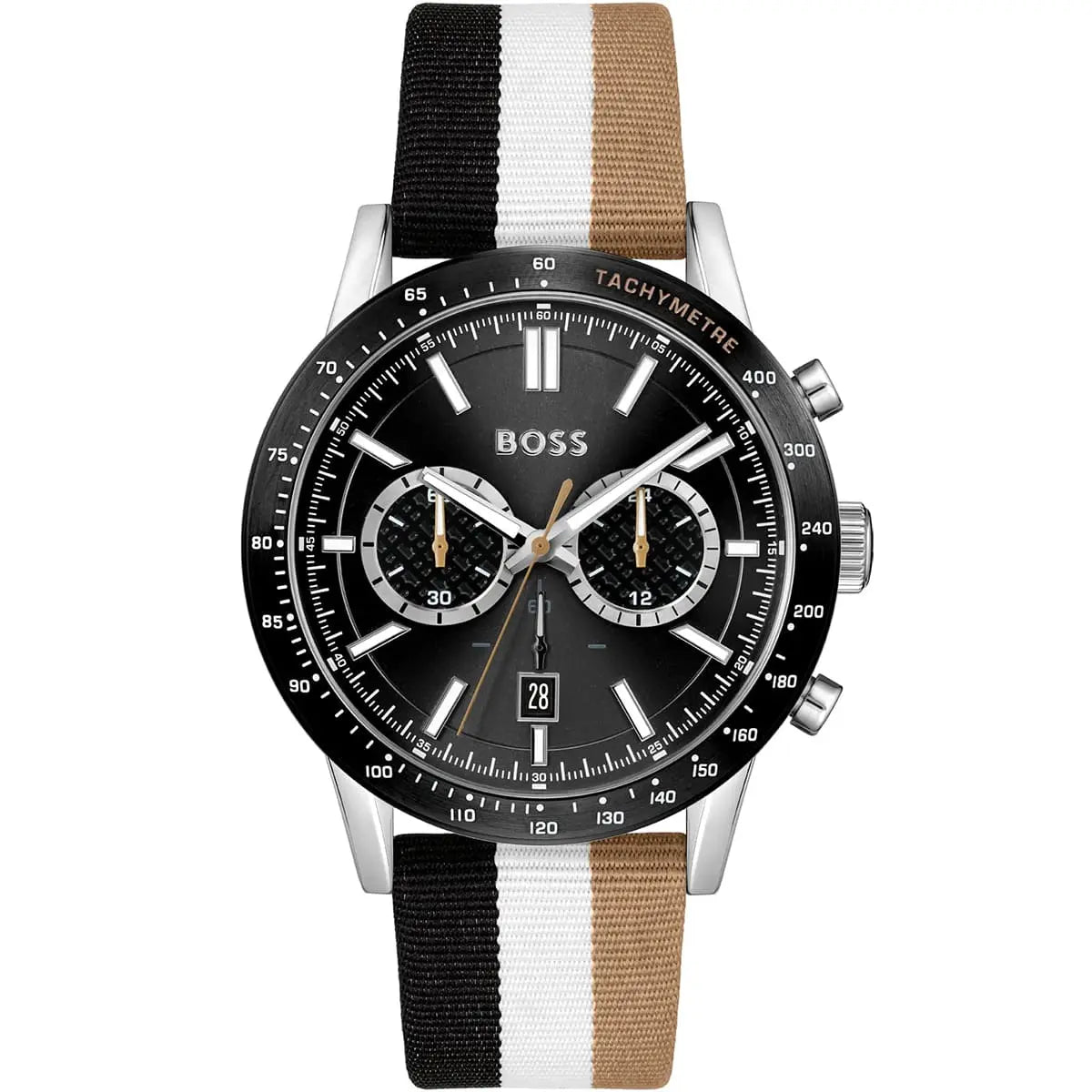 Hugo Boss Allure 1513963 men's watch with black sunray dial, black ion-plated case, multicolored black white and beige fiber strap, and 50m water resistance main view