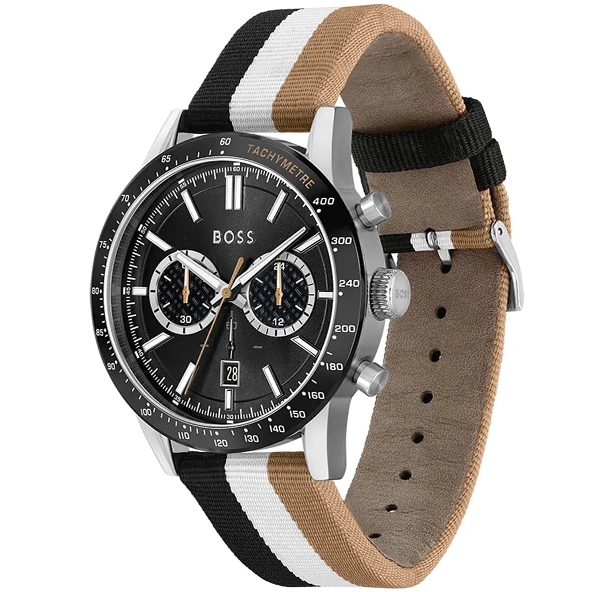 Left angled view of Hugo Boss Allure 1513963 showing black sunray dial detail and multicolored fiber strap water resistant 50m