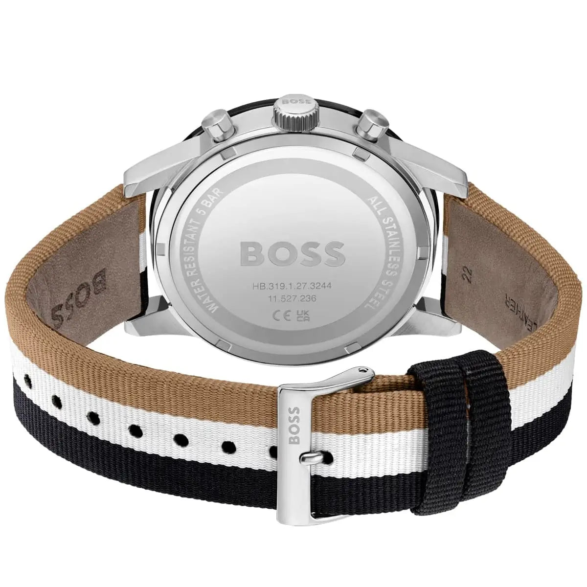 Caseback of Hugo Boss Allure 1513963 showing technical specs black dial and multicolored strap 50m water resistance