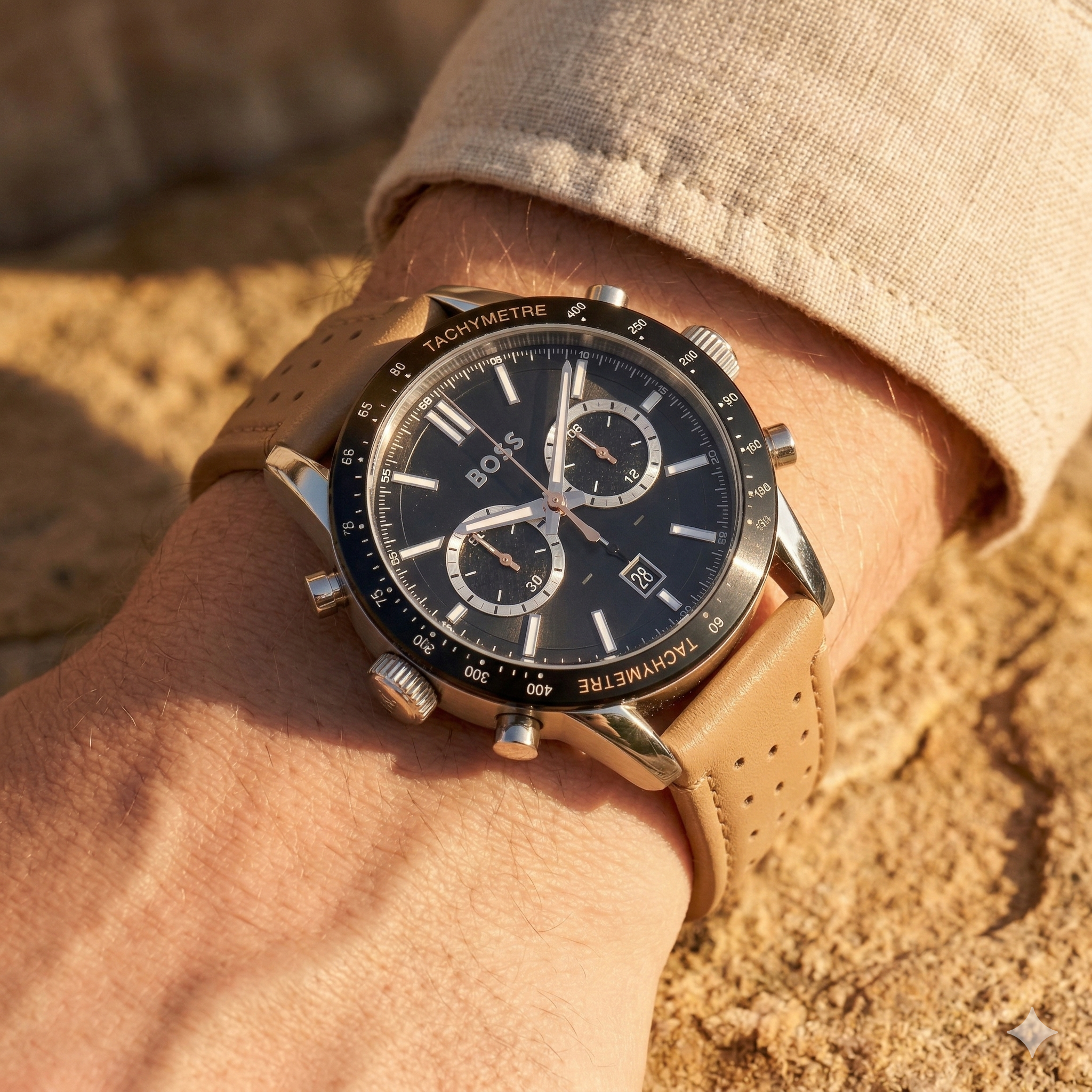 Close up of Hugo Boss Allure 1513964 on wrist showing black dial and perforated beige leather strap with 50m water resistance