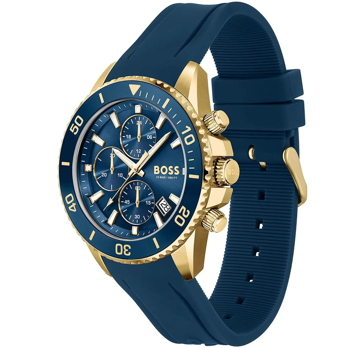 Left angled view of Hugo Boss Admiral 1513965 showing blue dial detail and blue rubber strap water resistant 100m