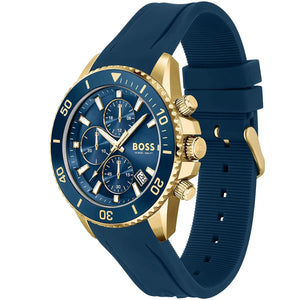 Left angled view of Hugo Boss Admiral 1513965 showing blue dial detail and blue rubber strap water resistant 100m