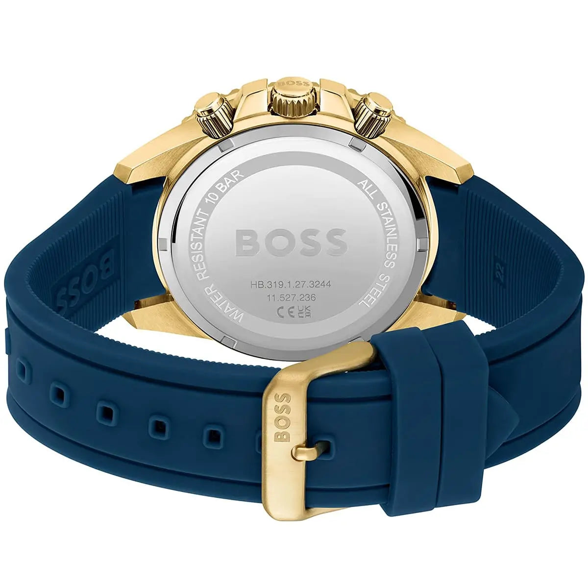 Caseback of Hugo Boss Admiral 1513965 showing technical specs blue dial and blue rubber strap 100m water resistance