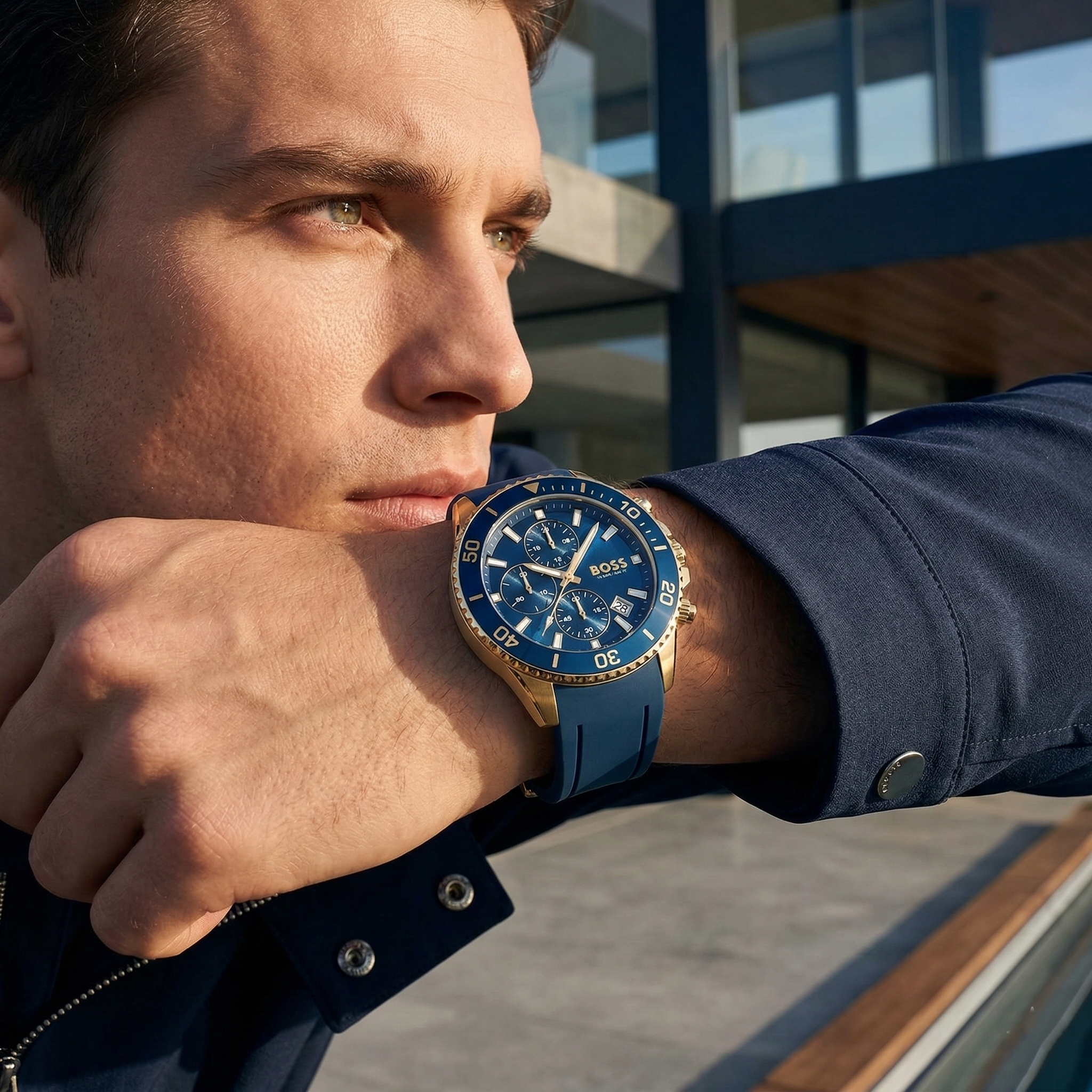 Professional leader wearing Hugo Boss Admiral 1513965 with blue dial and blue rubber strap water resistant 100m