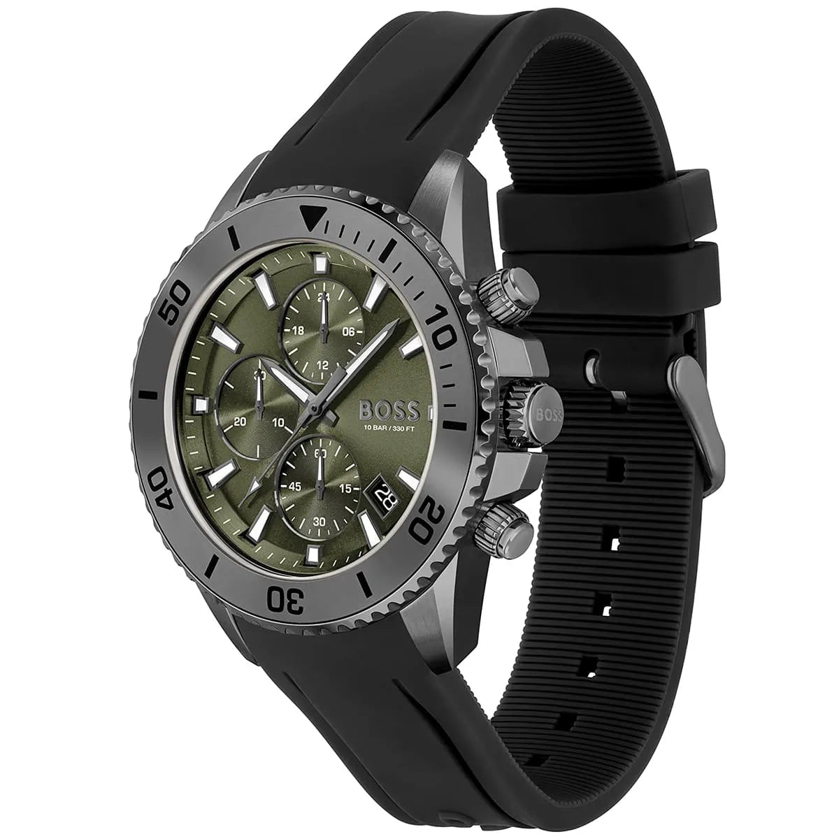 Left angled view of Hugo Boss Admiral 1513967 showing green dial detail and black rubber strap water resistant 100m