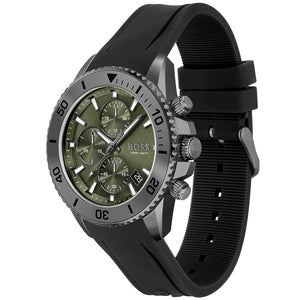 Left angled view of Hugo Boss Admiral 1513967 showing green dial detail and black rubber strap water resistant 100m
