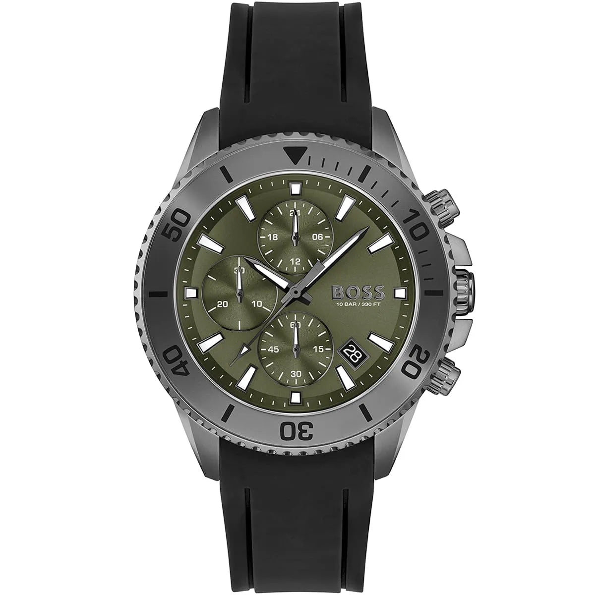 Hugo Boss Admiral 1513967 men's watch with green dial, black rubber strap, and 100m water resistance main view