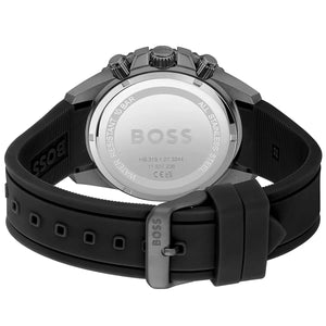 Caseback of Hugo Boss Admiral 1513967 showing technical specs green dial and black rubber strap 100m water resistance
