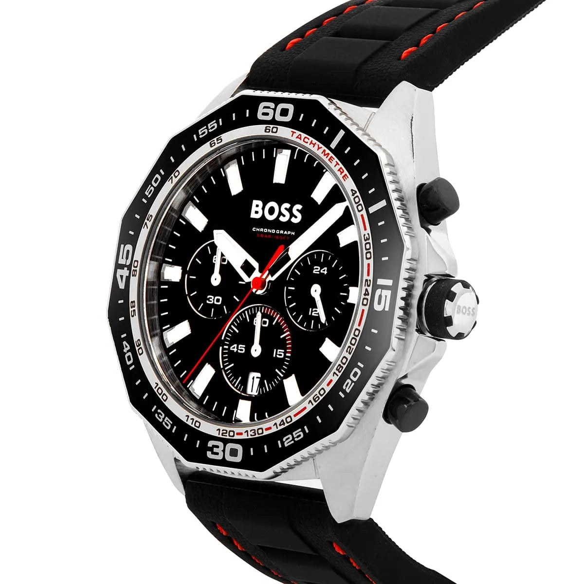 Left angled view of Hugo Boss Runner 1513969 showing black dial detail and black rubber strap water resistant 50m