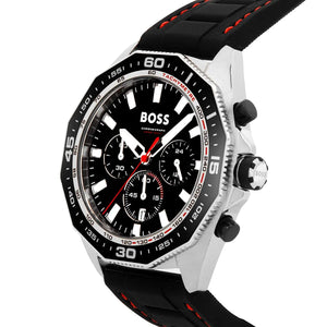 Left angled view of Hugo Boss Runner 1513969 showing black dial detail and black rubber strap water resistant 50m