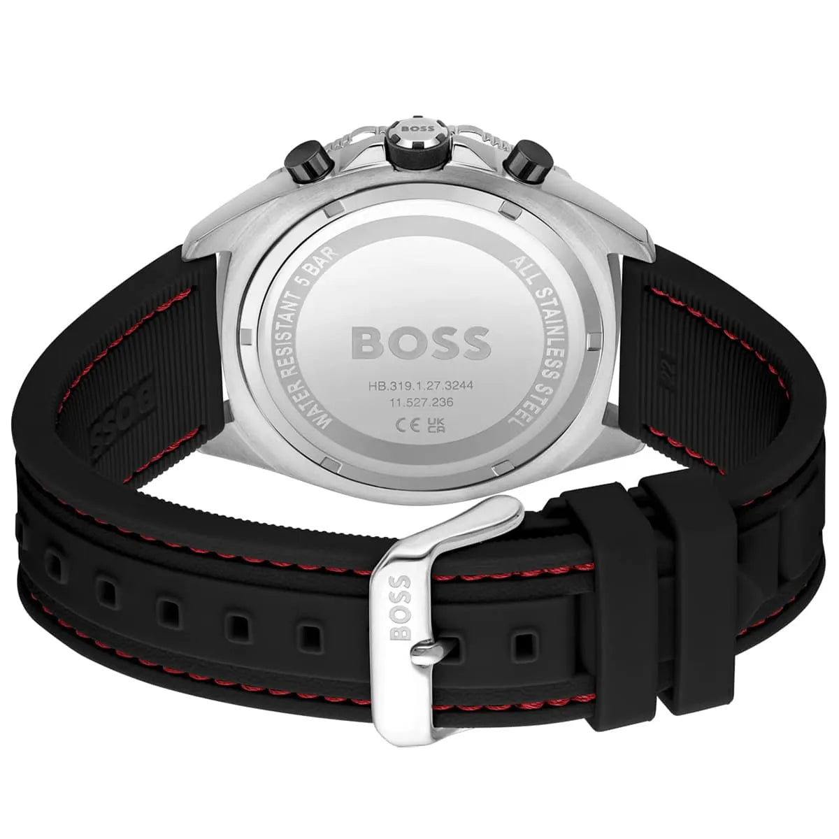 Caseback of Hugo Boss Runner 1513969 showing technical specs black dial and black rubber strap 50m water resistant