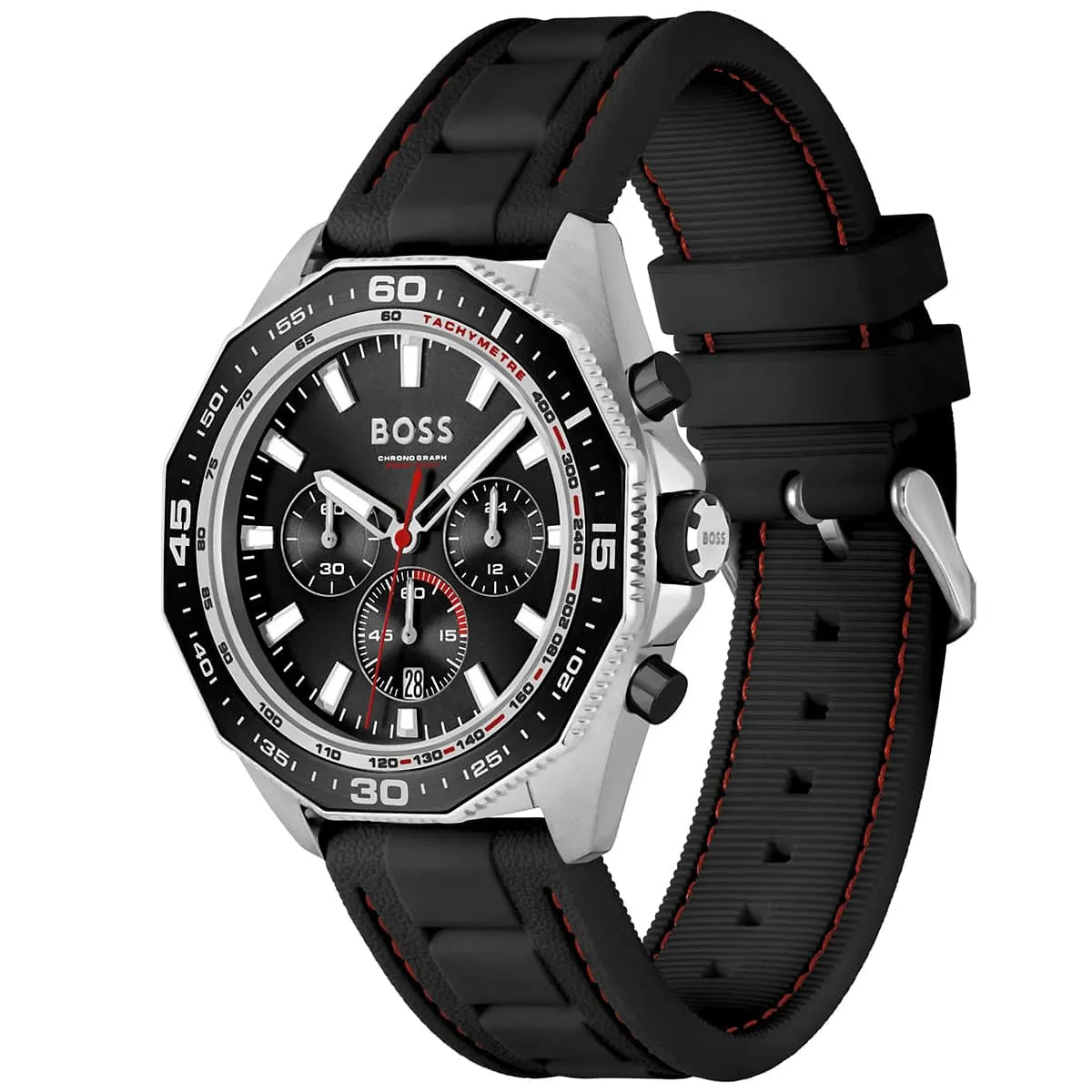 Left angled view of Hugo Boss Runner 1513969 showing black dial detail and black rubber strap water resistant 50m