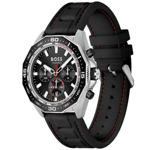 Left angled view of Hugo Boss Runner 1513969 showing black dial detail and black rubber strap water resistant 50m