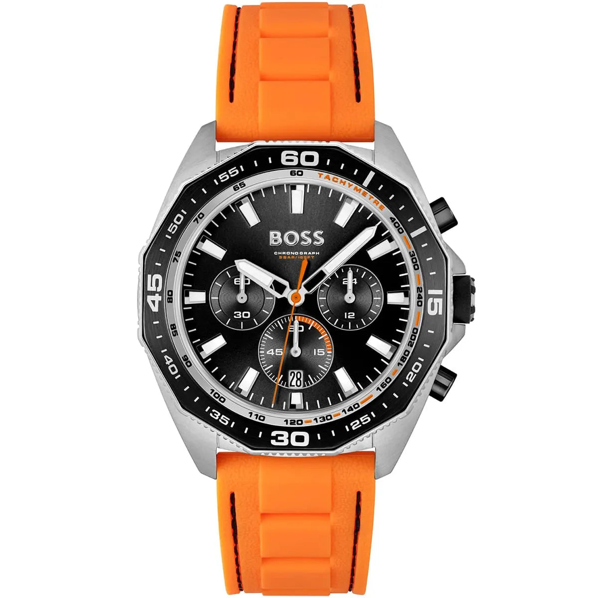 Hugo Boss Energy 1513970 men's watch with black dial, orange accents, orange rubber strap, and 50m water resistance main view