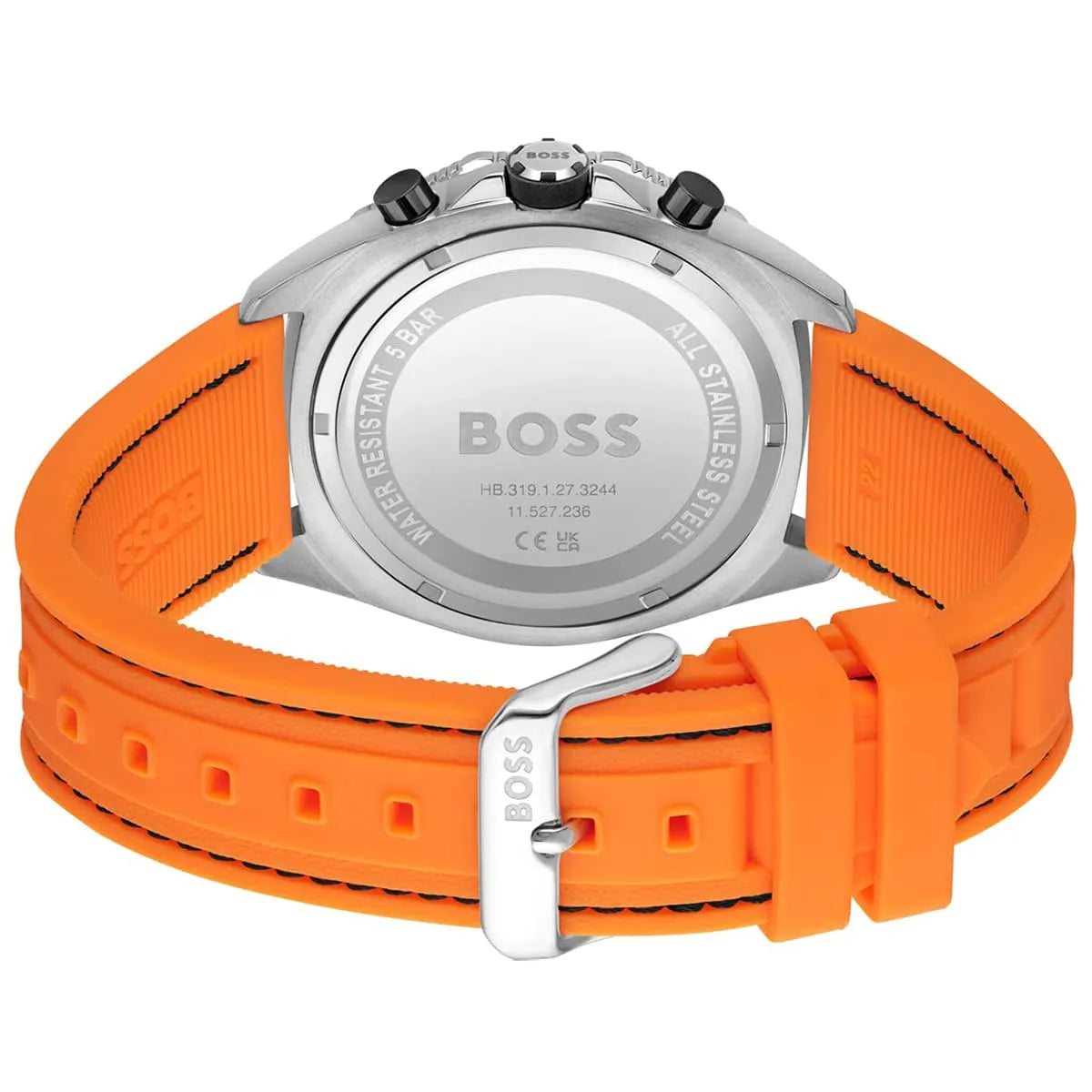Caseback of Hugo Boss Energy 1513970 showing technical specs black dial and orange rubber strap 50m water resistance