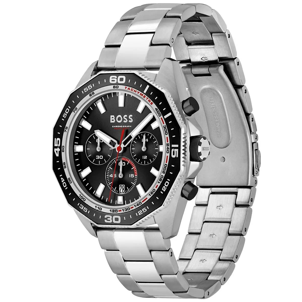 Right angled view of Hugo Boss Energy 1513971 highlighting black dial and black tachymeter bezel 50m water resistance