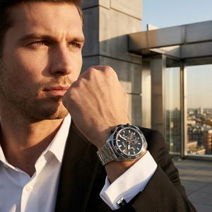 Professional man wearing Hugo Boss Energy 1513971 with black dial and silver metal link strap water resistant 50m
