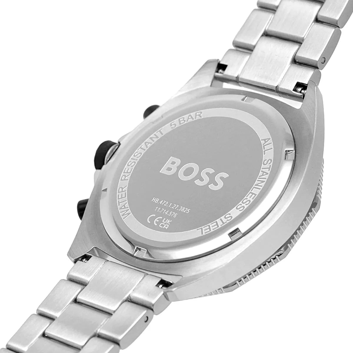 Caseback of Hugo Boss Energy 1513971 showing technical specs black dial and silver metal strap 50m water resistance