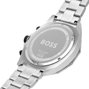 Caseback of Hugo Boss Energy 1513971 showing technical specs black dial and silver metal strap 50m water resistance