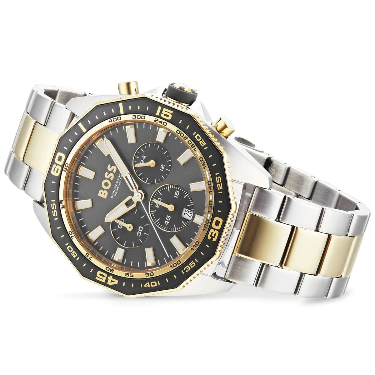 Left angled view of Hugo Boss Energy 1513974 showing gray sunray dial detail and two-tone link bracelet water resistant 50m