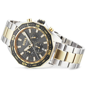 Left angled view of Hugo Boss Energy 1513974 showing gray sunray dial detail and two-tone link bracelet water resistant 50m