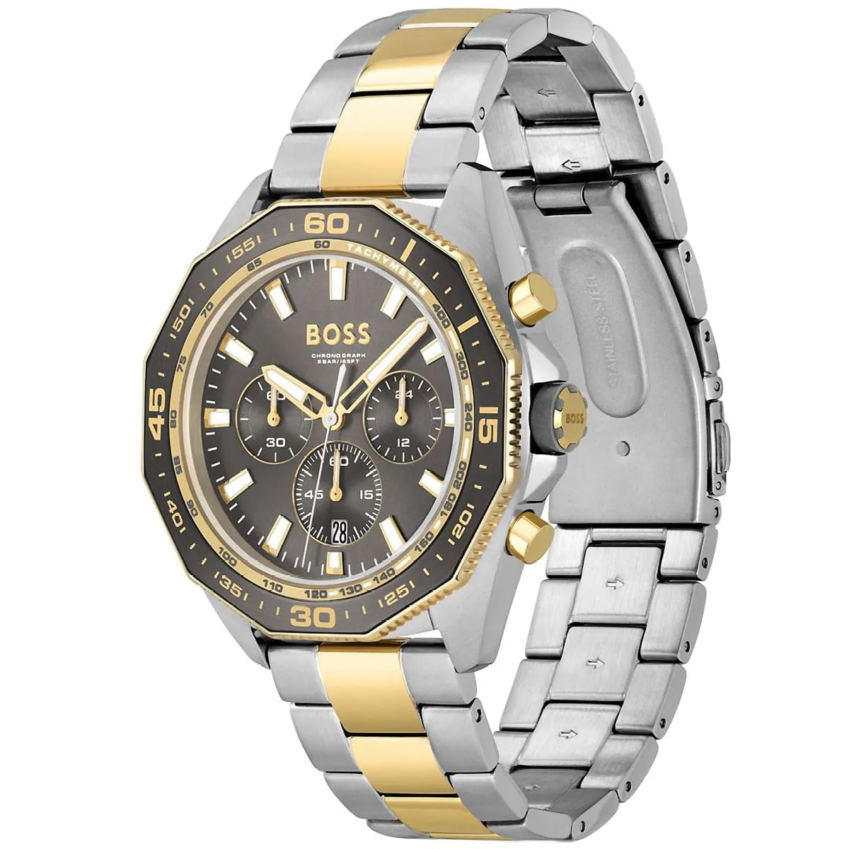Right angled view of Hugo Boss Energy 1513974 highlighting gray dial and gold tachymeter bezel 50m water resistance