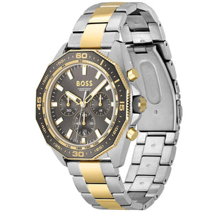 Right angled view of Hugo Boss Energy 1513974 highlighting gray dial and gold tachymeter bezel 50m water resistance