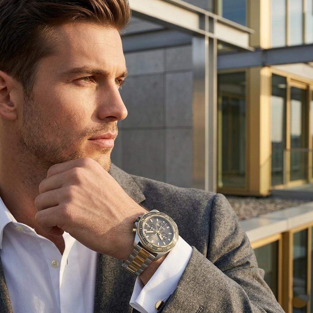 Professional man wearing Hugo Boss Energy 1513974 with gray sunray dial and silver gold metal link strap water resistant 50m