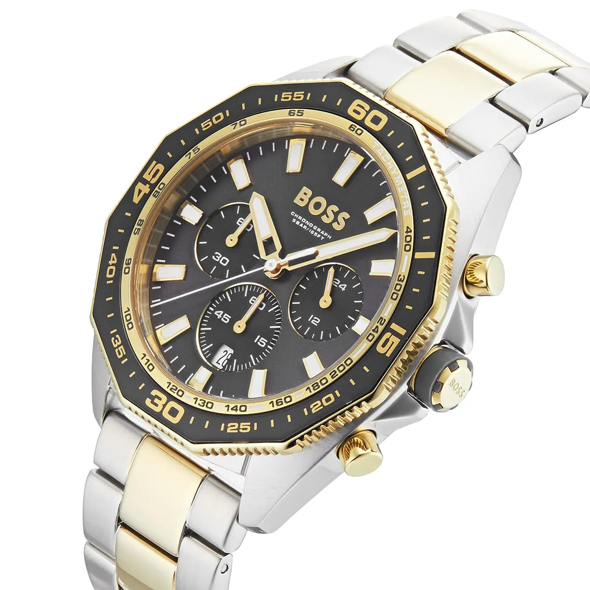 Side profile of Hugo Boss Energy 1513974 showing 11mm thickness and two-tone metal finish with 50m water resistance