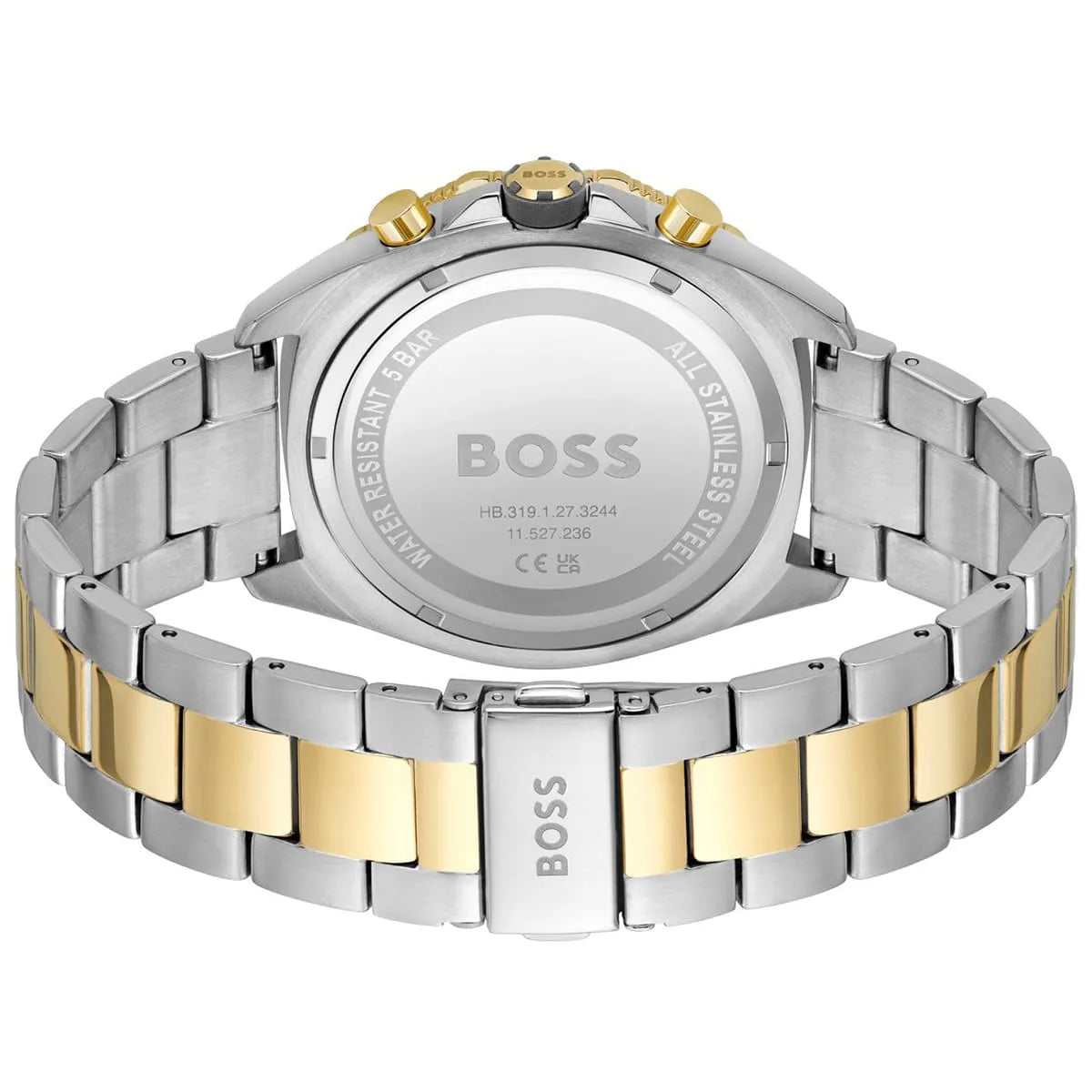 Caseback of Hugo Boss Energy 1513974 showing technical specs gray dial and two-tone metal strap 50m water resistance