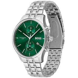 Right angled view of Hugo Boss Associate Runner 1513975 highlighting green dial and silver metal link bracelet 50m water resistance