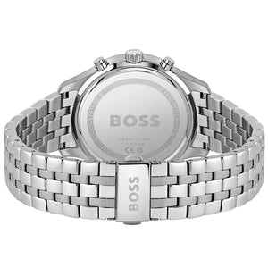 Caseback of Hugo Boss Associate Runner 1513975 showing technical specs green dial and silver metal strap 50m water resistant