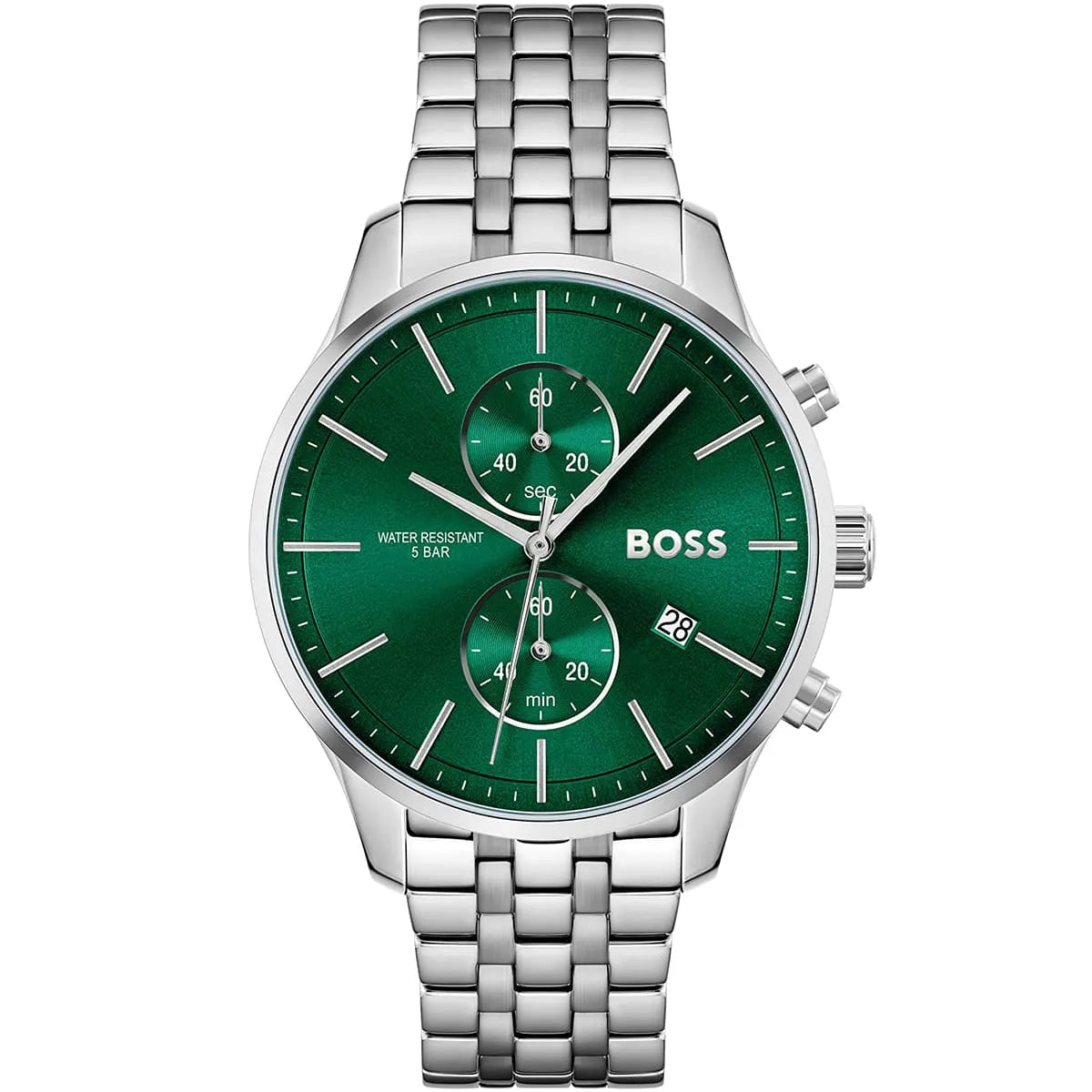 Hugo Boss Associate Runner 1513975 men's watch with green dial, silver metal strap, and 50m water resistance main view