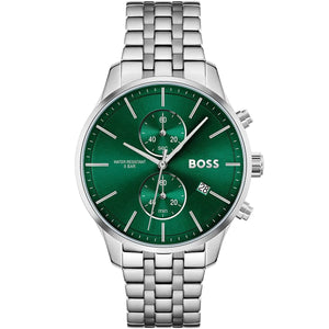 Hugo Boss Associate Runner 1513975 men's watch with green dial, silver metal strap, and 50m water resistance main view