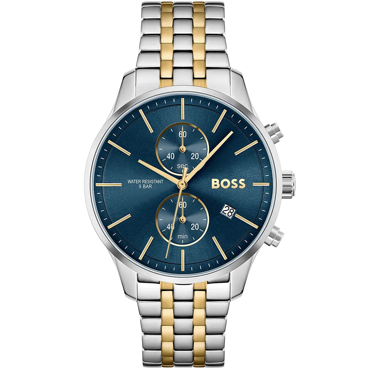 Front view of Hugo Boss Associate 1513976 men's watch with blue dial and silver & gold stainless steel bracelet.