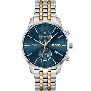 Front view of Hugo Boss Associate 1513976 men's watch with blue dial and silver & gold stainless steel bracelet.