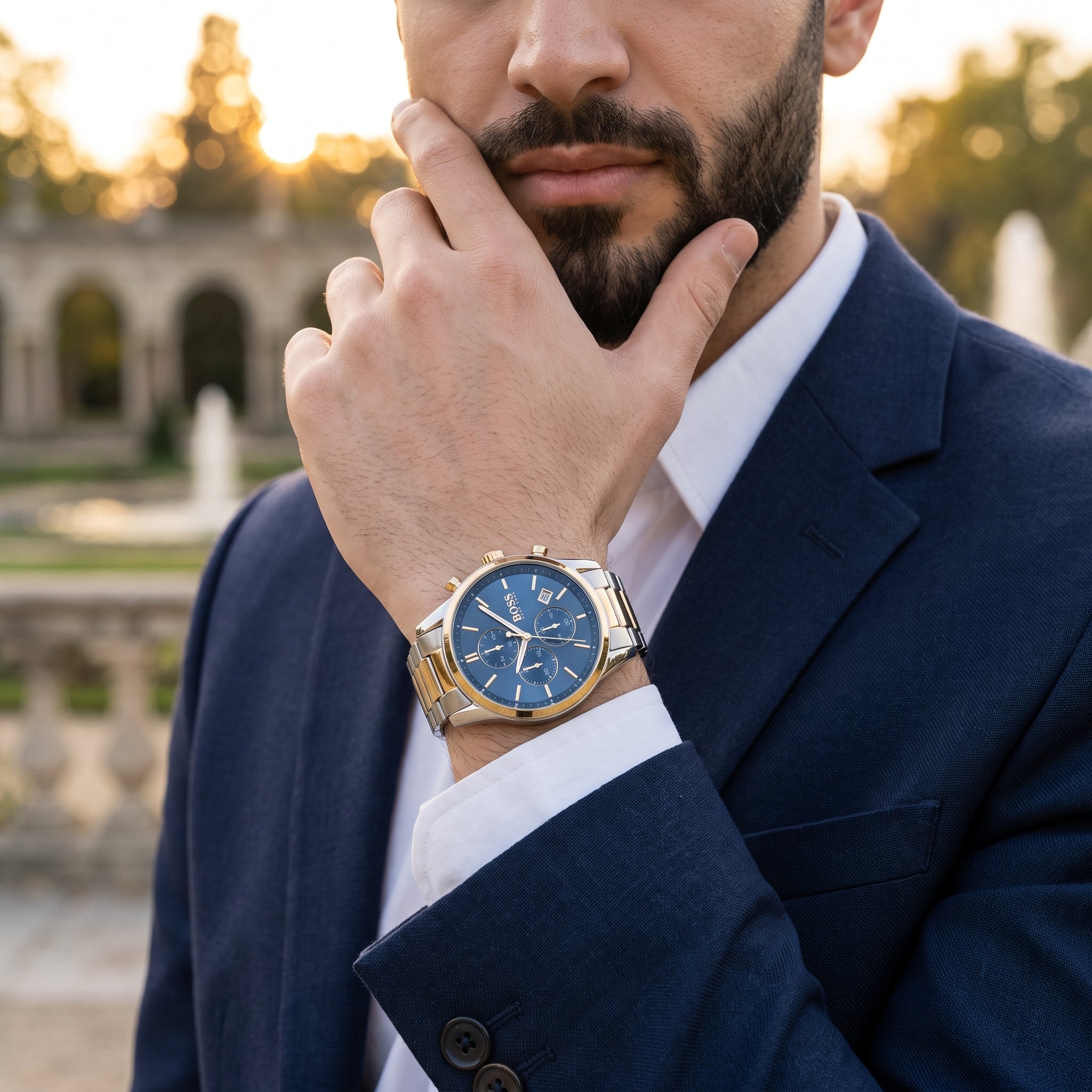 Lifestyle luxury shot featuring Hugo Boss Associate 1513976 men's watch.