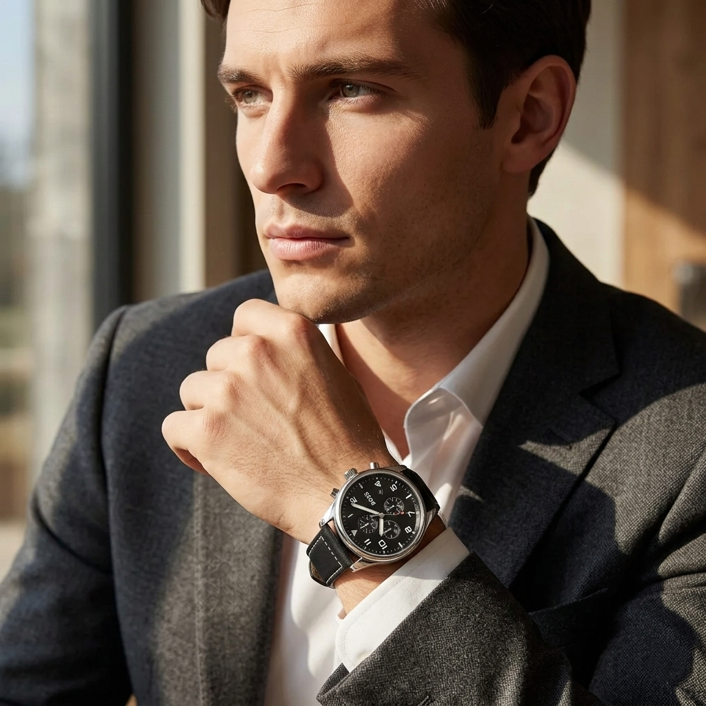 Professional man wearing Hugo Boss View 1513987 with black dial and silver case leather strap water resistant 50m