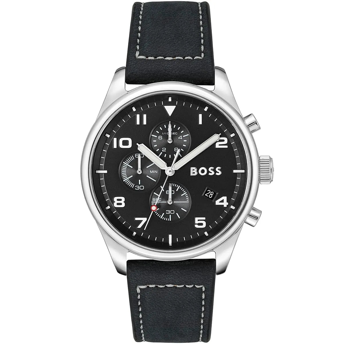 Hugo Boss View 1513987 men's watch with black sunray dial, silver stainless steel case, black leather strap, and 50m water resistance main view