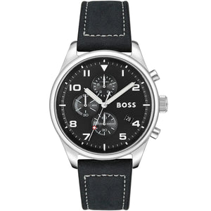 Hugo Boss View 1513987 men's watch with black sunray dial, silver stainless steel case, black leather strap, and 50m water resistance main view