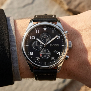 Close up of Hugo Boss View 1513987 on wrist showing black dial and leather strap with 50m water resistance