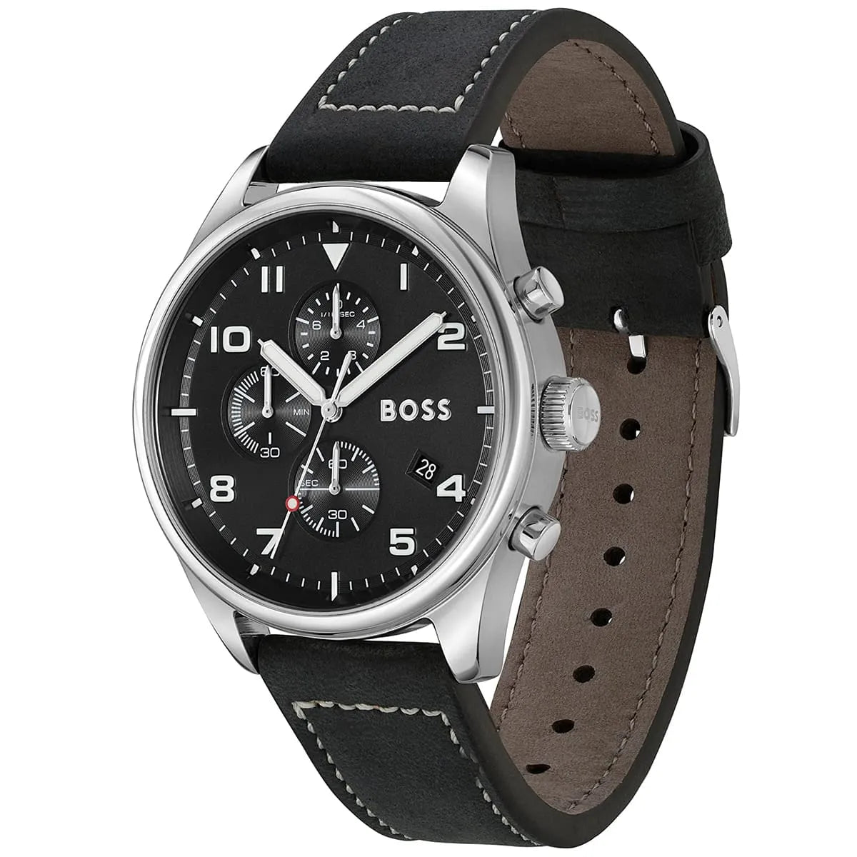 Left angled view of Hugo Boss View 1513987 showing black sunray dial detail and leather strap water resistant 50m