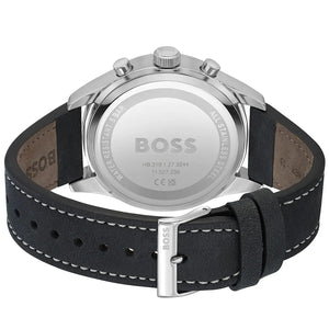 Caseback of Hugo Boss View 1513987 showing technical specs black dial and leather strap 50m water resistance