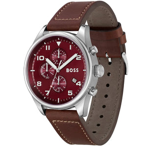 Left angled view of Hugo Boss View 1513988 showing red dial detail and brown leather strap water resistant 50m