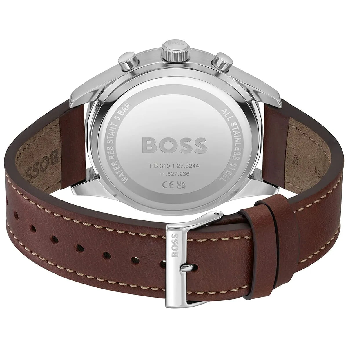 Caseback of Hugo Boss View 1513988 showing technical specs red dial and brown leather strap 50m water resistance