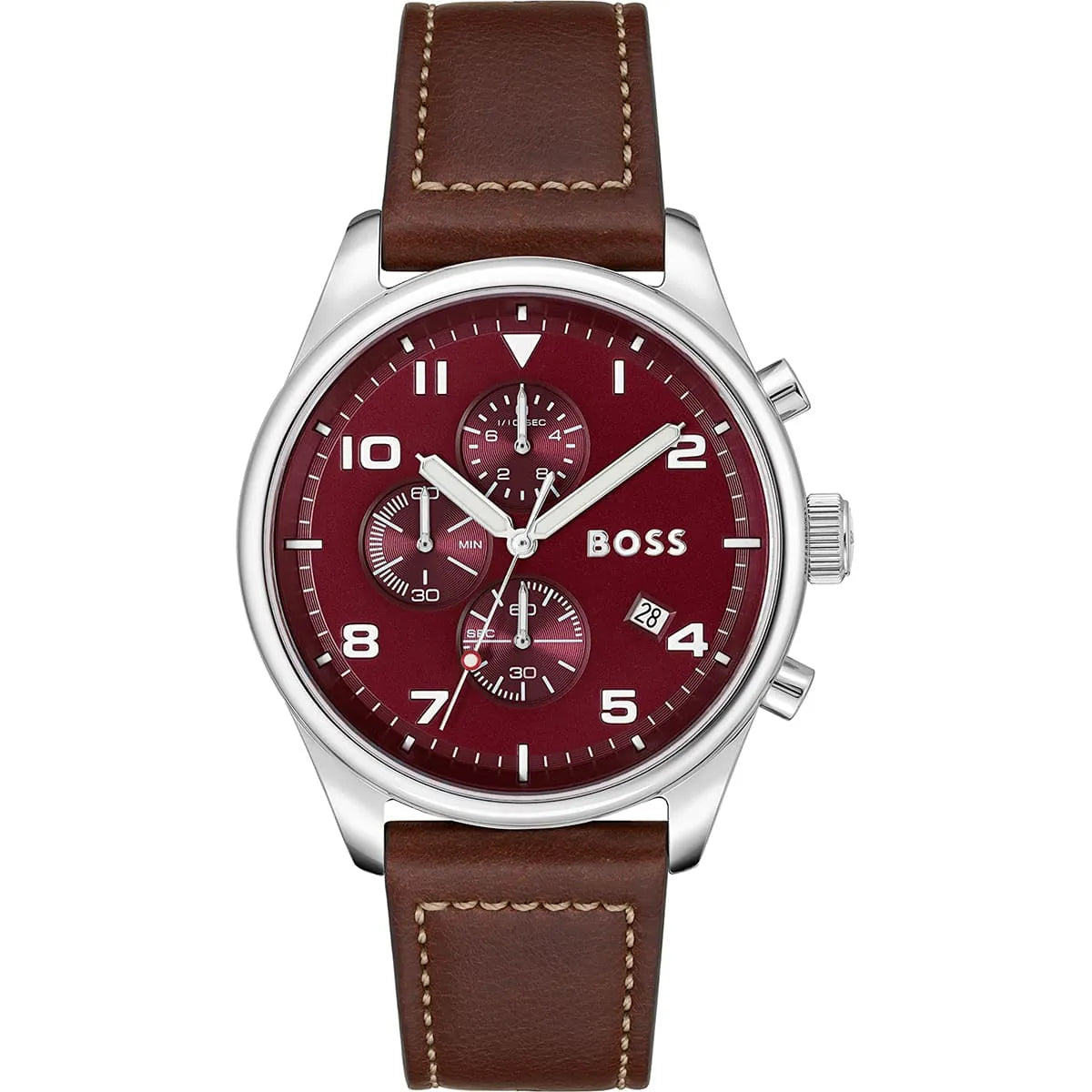 Hugo Boss View 1513988 men's watch with red dial, brown leather strap, and 50m water resistance main view