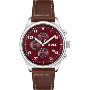 Hugo Boss View 1513988 men's watch with red dial, brown leather strap, and 50m water resistance main view